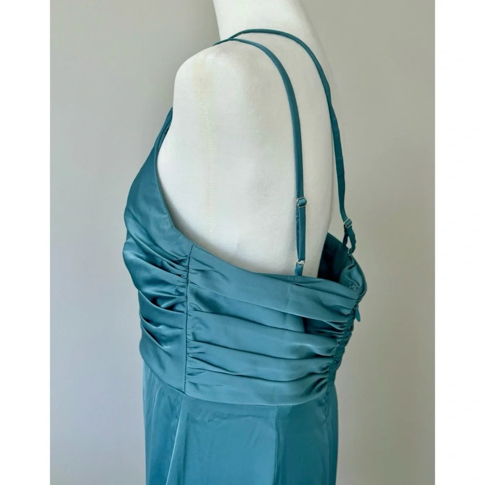 Azazie Eren Fitted One Shoulder Stretch Satin Bridesmaid Dress in Moody Blue NWT - Picture 6 of 15